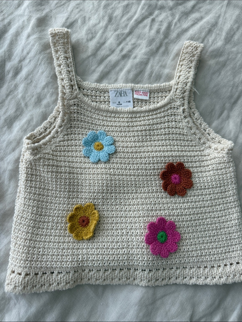 Zara Cream Crochet Tank with Blue, Yellow, Brown, Pink Floral Appliqués
